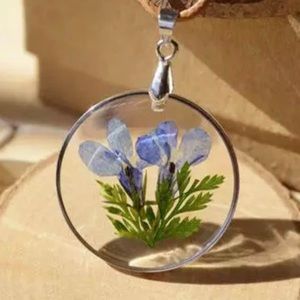 Dry flower necklace blue pendant womens jewelry rope floral